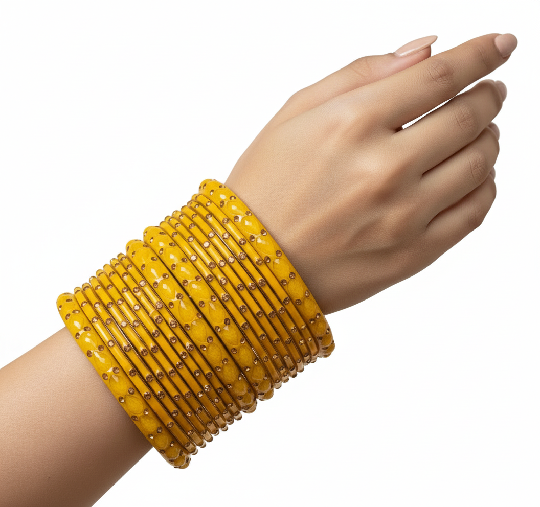 Jazz And Sizzle Set Of 16 Mustard Yellow Glass Bangles
