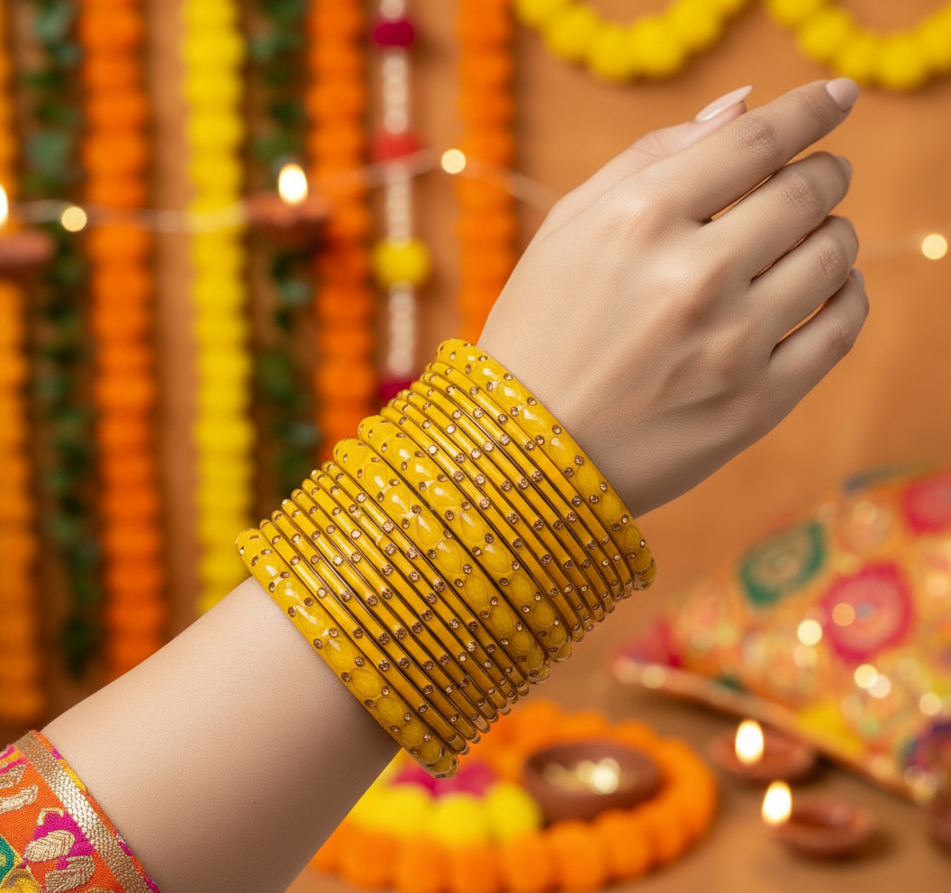 Jazz And Sizzle Set Of 16 Mustard Yellow Glass Bangles