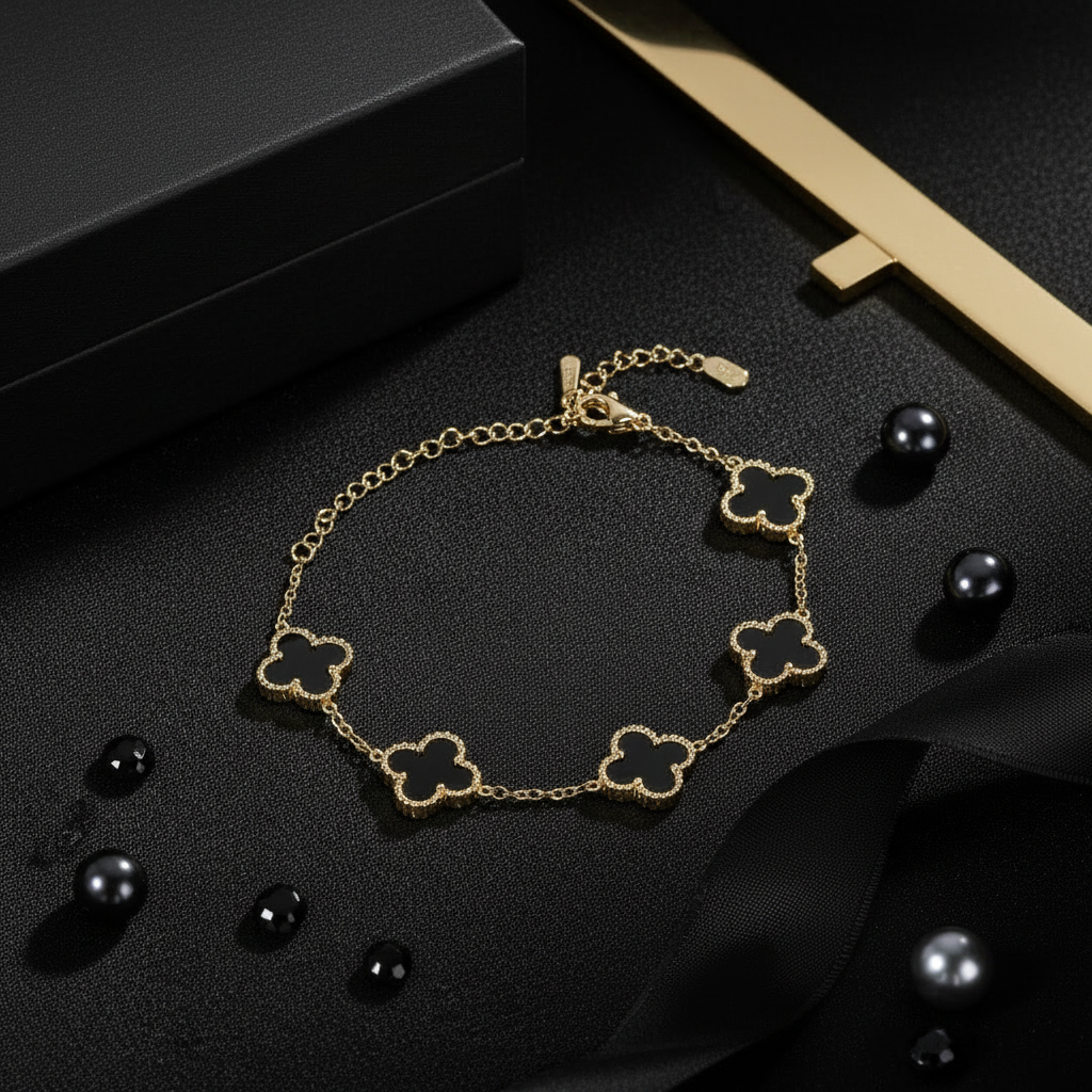 Jazz and Sizzle Trendy Gen-Z Gold Plated Stainless Steel Black Flower Charm Chain Bracelet