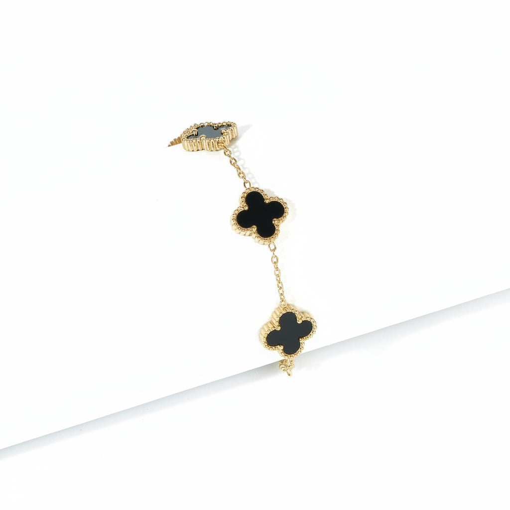 Jazz and Sizzle Trendy Gen-Z Gold Plated Stainless Steel Black Flower Charm Chain Bracelet