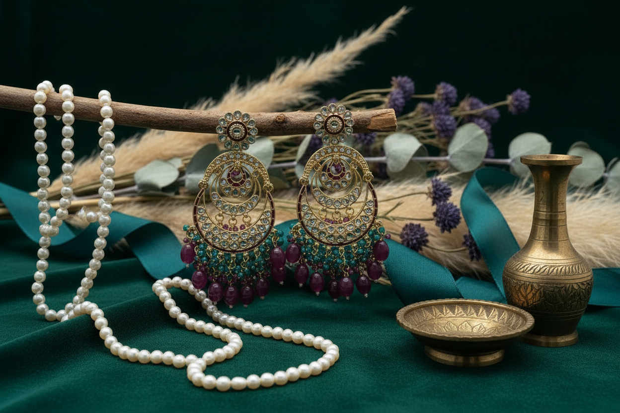 Jazz and Sizzle Royal Heritage Kundan Chand Bali Earrings With Rani & Turquoise Bead