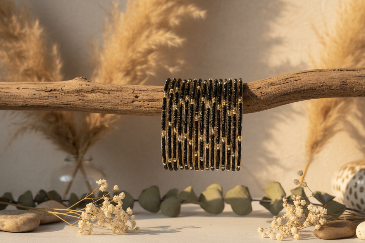 Jazz And Sizzle Set Of 4 Gold Plated & Black Stone Beaded Bangles