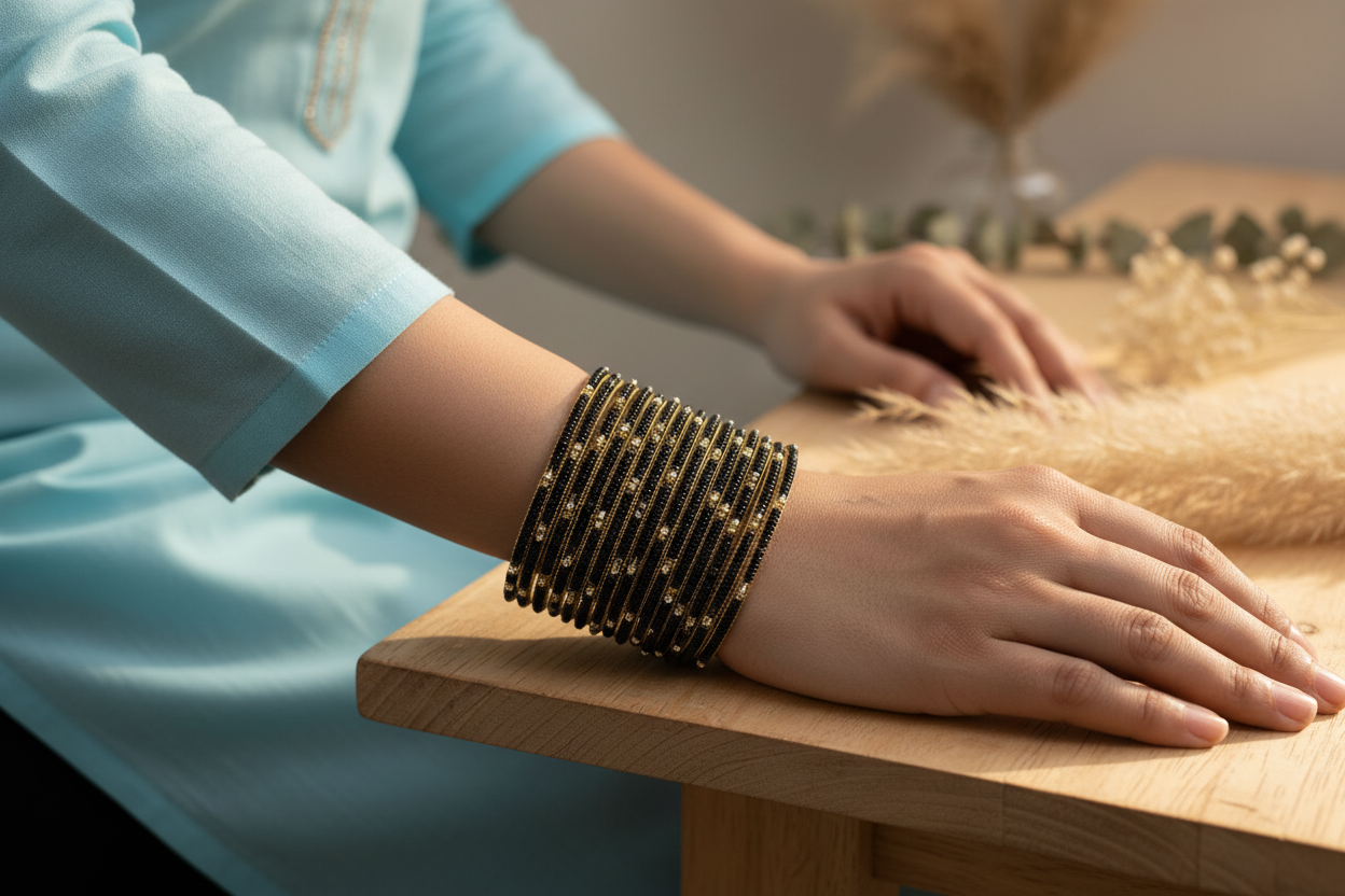 Jazz And Sizzle Set Of 4 Gold Plated & Black Stone Beaded Bangles