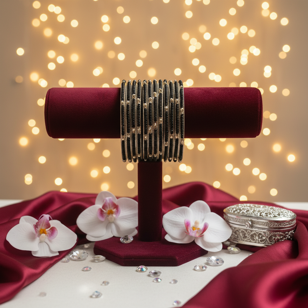 Jazz And Sizzle Set Of 4 Gold Plated & Black Stone Beaded Bangles