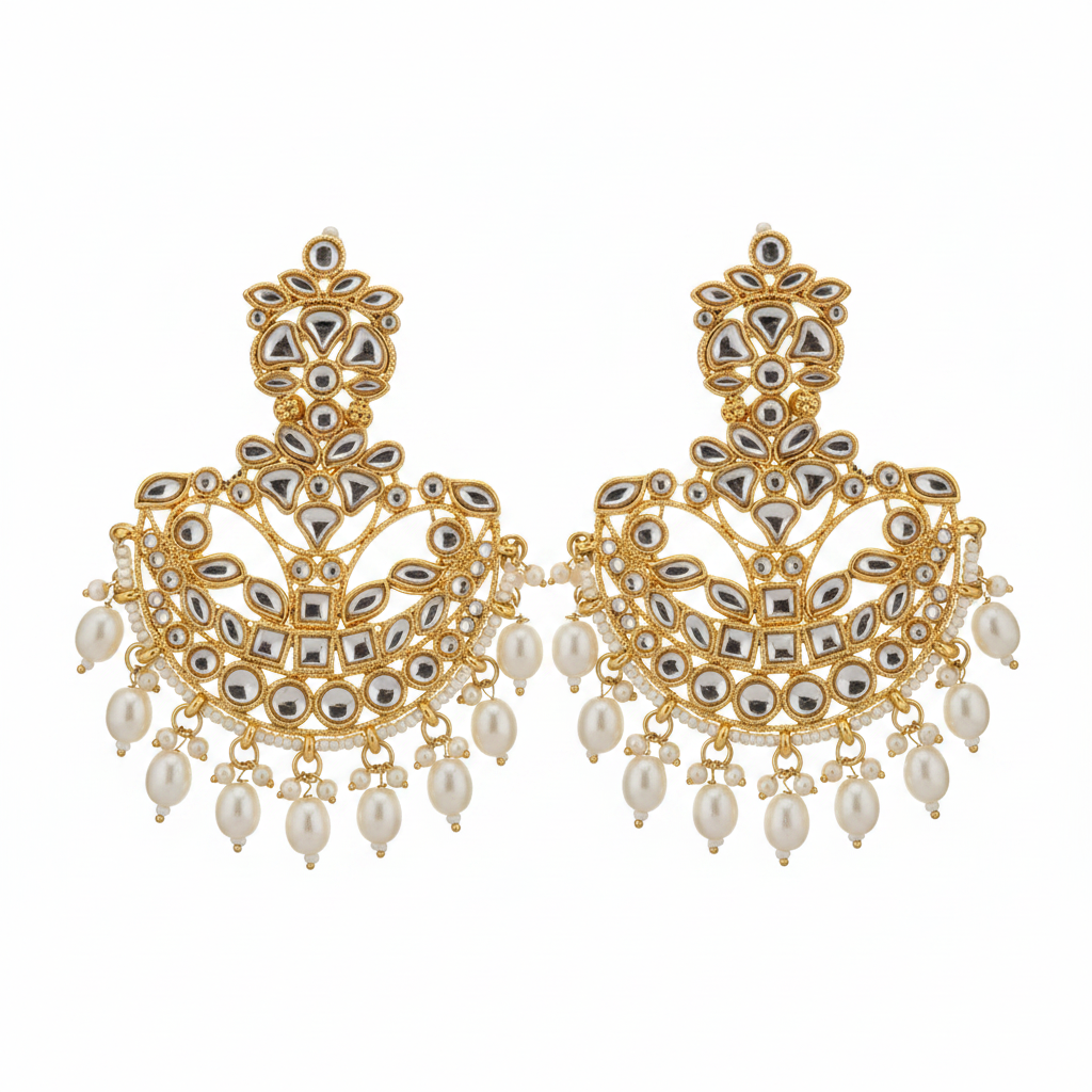Jazz and Sizzle Gold-Plated Antique Kundan Chandbali Earrings with Cascading Pearl Drops