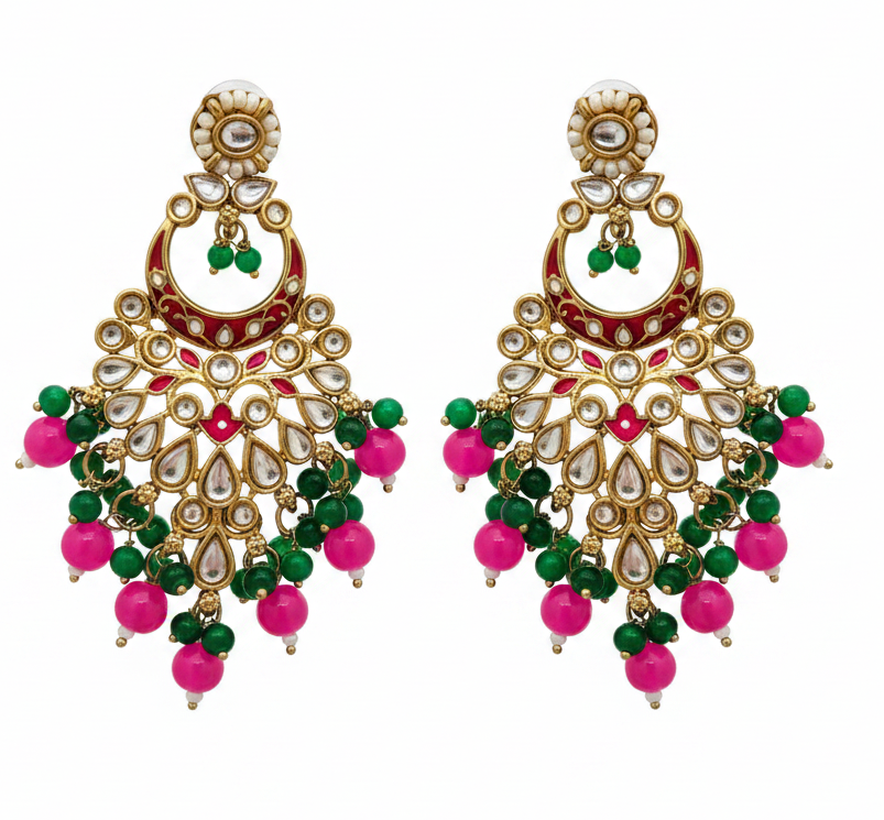 Jazz and Sizzle Gold-Plated Kundan Chandbali Earrings with Pink & Green Meenakari Bead Accentsl