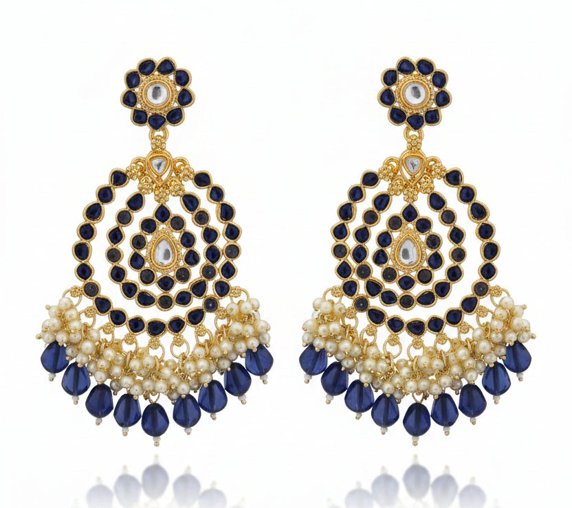Jazz and Sizzle Gold Plated Traditional Blue Kundan & Pearl Beaded Chandbali Ethnic Dangler Earrings for Women