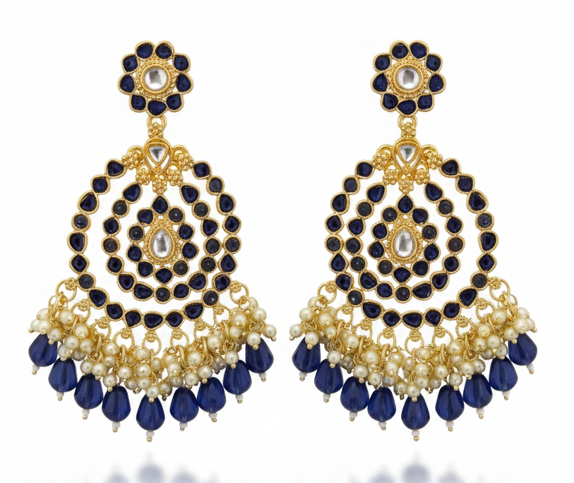 Jazz and Sizzle Gold Plated Traditional Blue Kundan & Pearl Beaded Chandbali Ethnic Dangler Earrings for Women