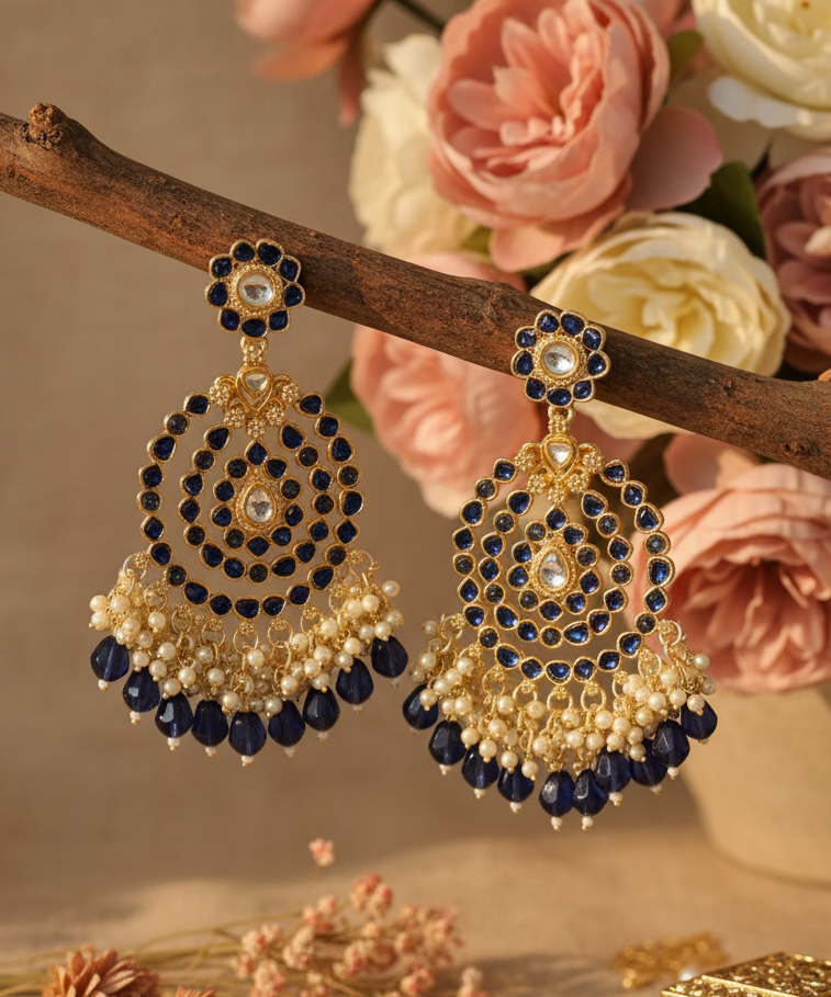 Jazz and Sizzle Gold Plated Traditional Blue Kundan & Pearl Beaded Chandbali Ethnic Dangler Earrings for Women
