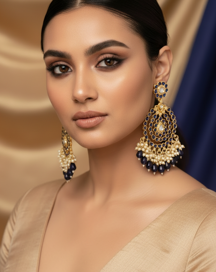 Jazz and Sizzle Gold Plated Traditional Blue Kundan & Pearl Beaded Chandbali Ethnic Dangler Earrings for Women