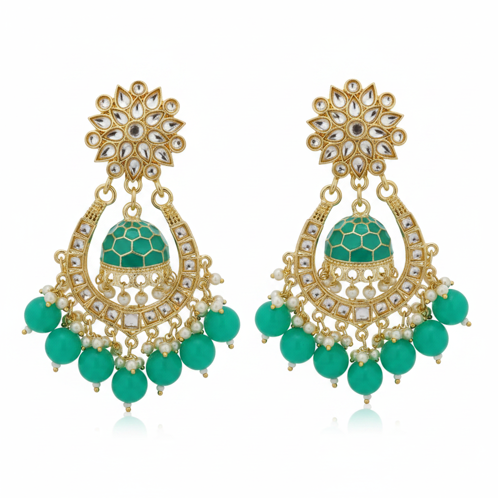 Jazz and Sizzle Gold Plated & Pearl Beaded Minakari Jhumka Chandbali Earrings