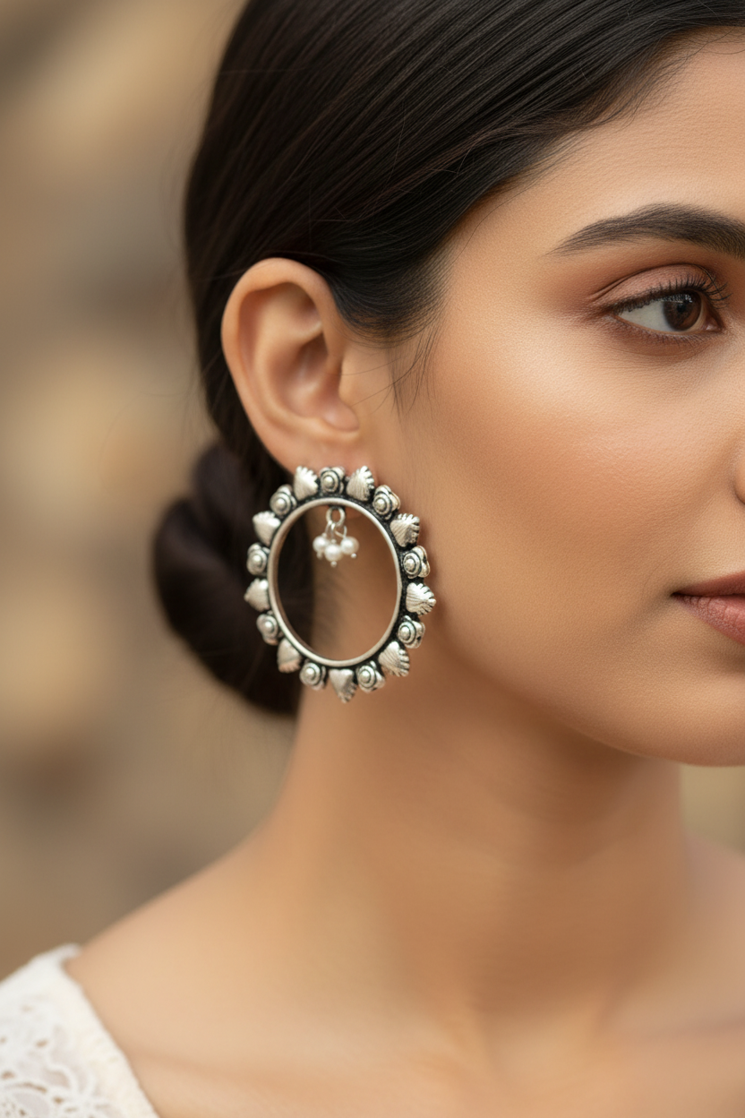 Jazz and Sizzle Silver Plated Round Earring with Pearl Drop