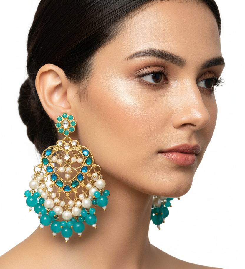 Jazz and Sizzle Kundan Studded & Teal Pearl Beaded Drop Chandbali Earrings