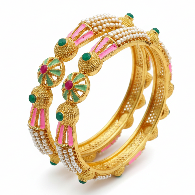 Jazz And Sizzle Set Of 2 Gold Plated Artificial Stone Studded & Pearl Beaded Meenakari Bangles