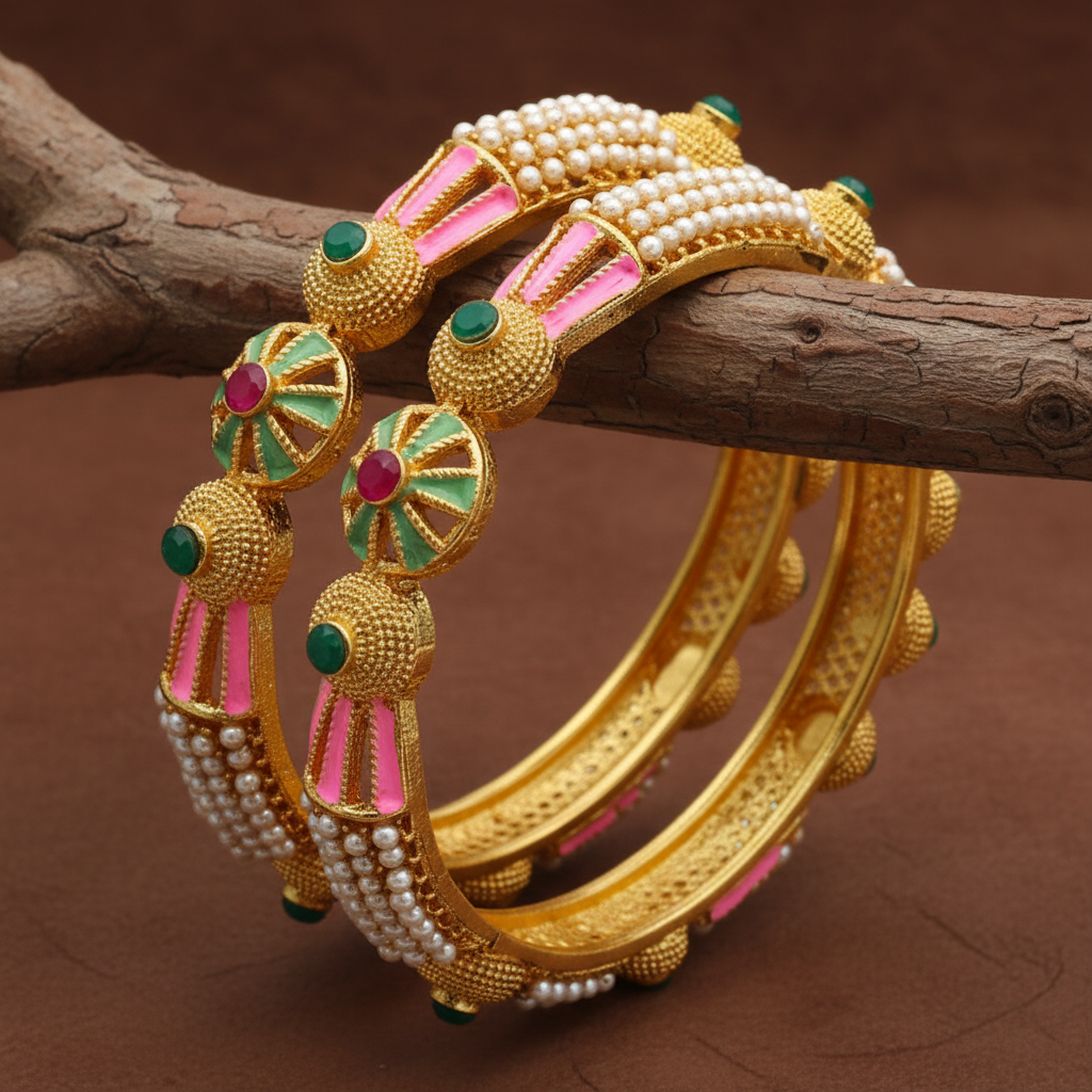 Jazz And Sizzle Set Of 2 Gold Plated Artificial Stone Studded & Pearl Beaded Meenakari Bangles