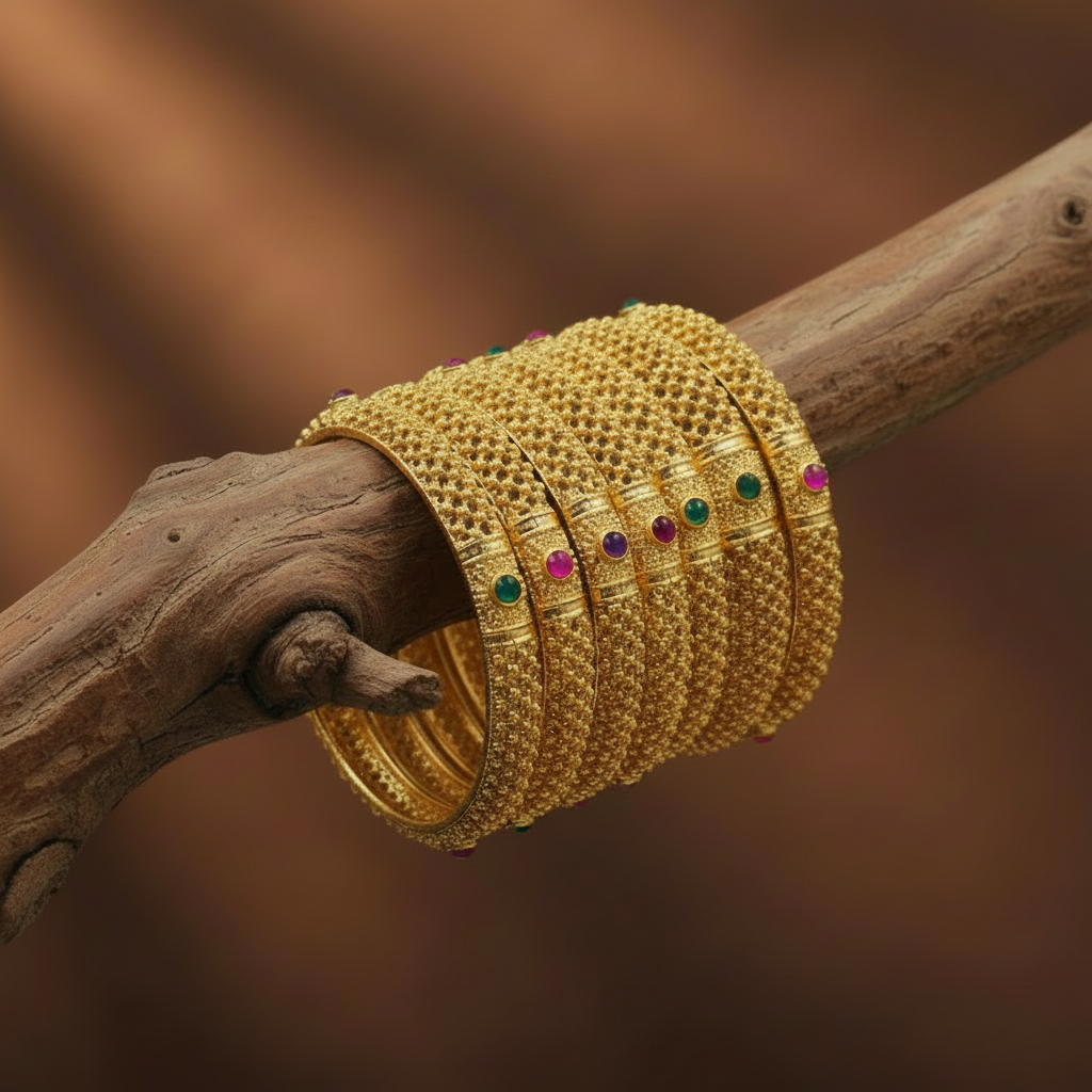 Jazz And Sizzle Set Of 6 Gold Plated Artificial Ruby Stone Studded & Green Beaded Bangles