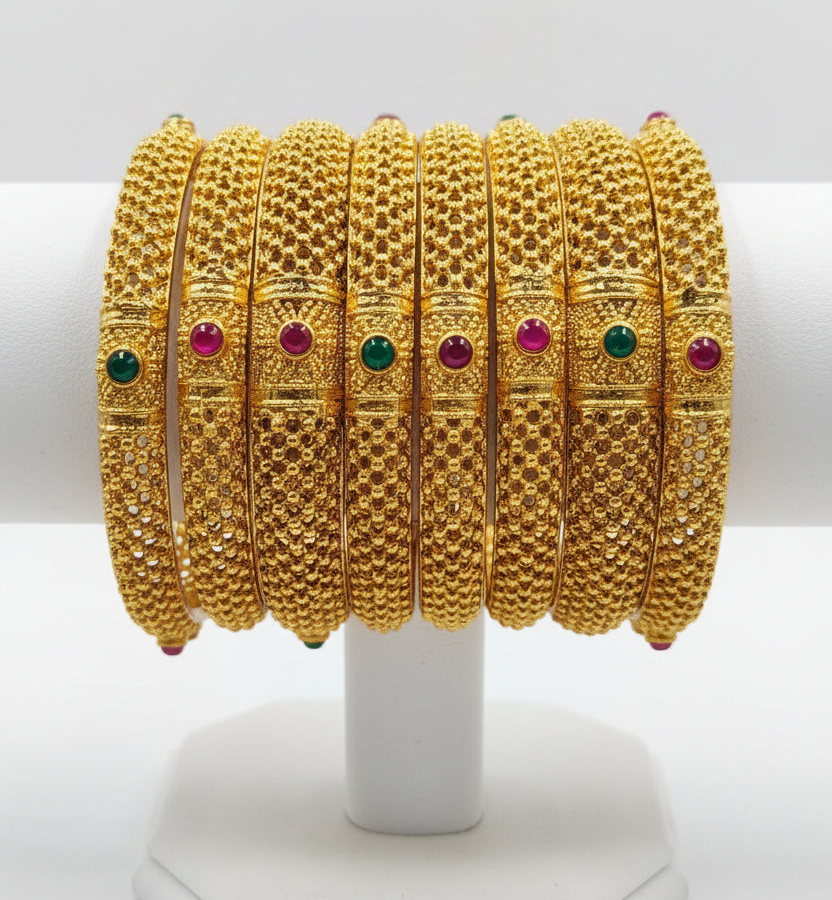 Jazz And Sizzle Set Of 6 Gold Plated Artificial Ruby Stone Studded & Green Beaded Bangles