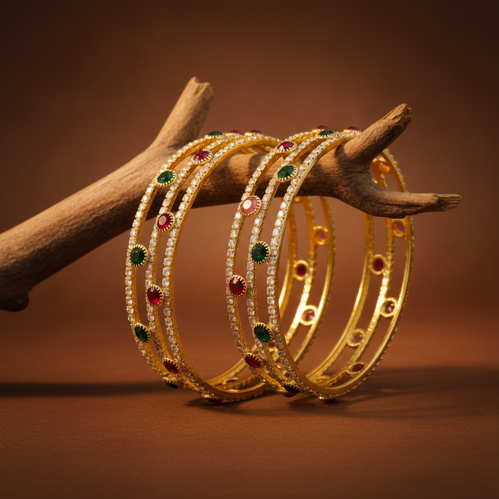 Jazz And Sizzle Set Of 2 Gold Plated Cubic Zirconia Studded Red & Green Stone Beaded Bangles
