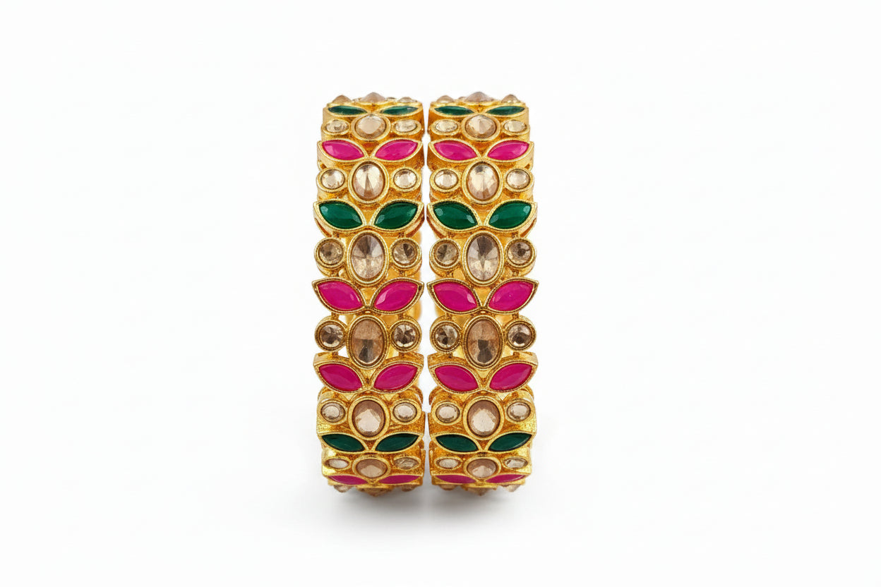 Jazz And Sizzle Pair of Ornate Gold Plated Bangles with colorful stones