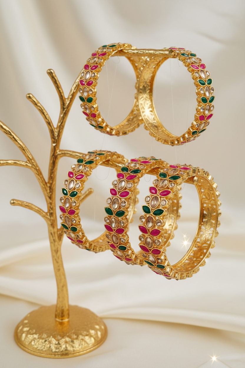 Jazz And Sizzle Pair of Ornate Gold Plated Bangles with colorful stones