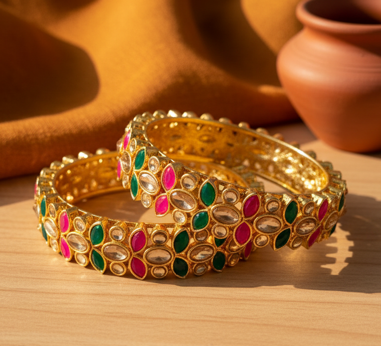 Jazz And Sizzle Pair of Ornate Gold Plated Bangles with colorful stones