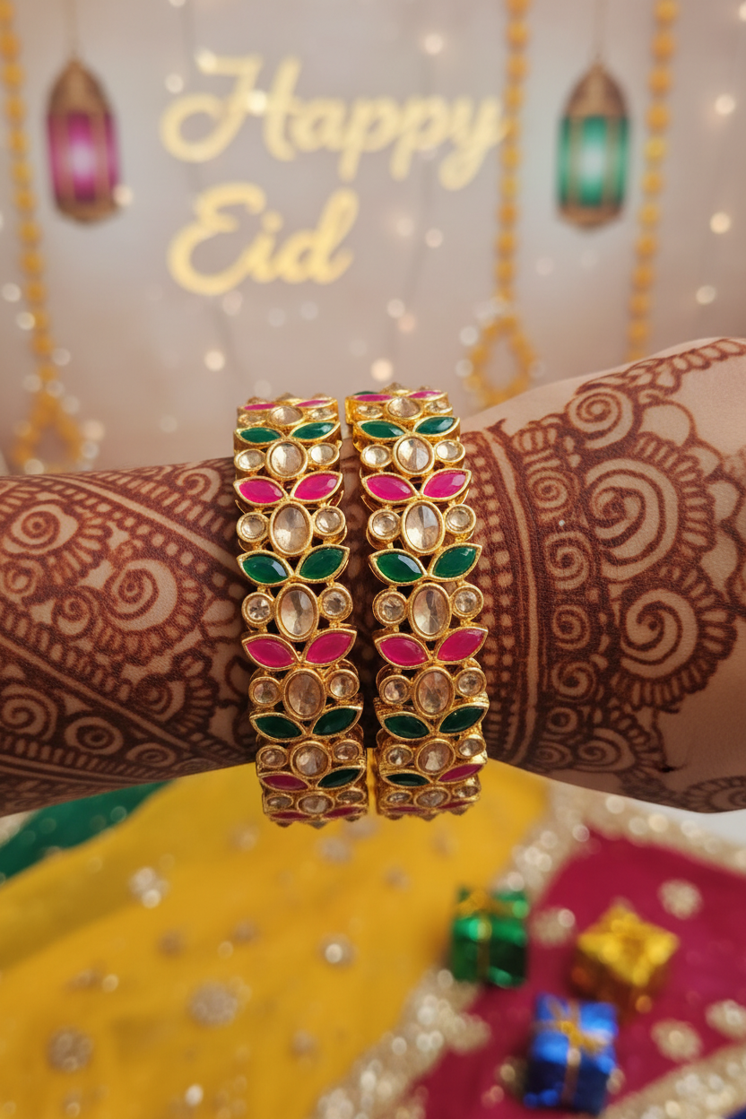 Jazz And Sizzle Pair of Ornate Gold Plated Bangles with colorful stones