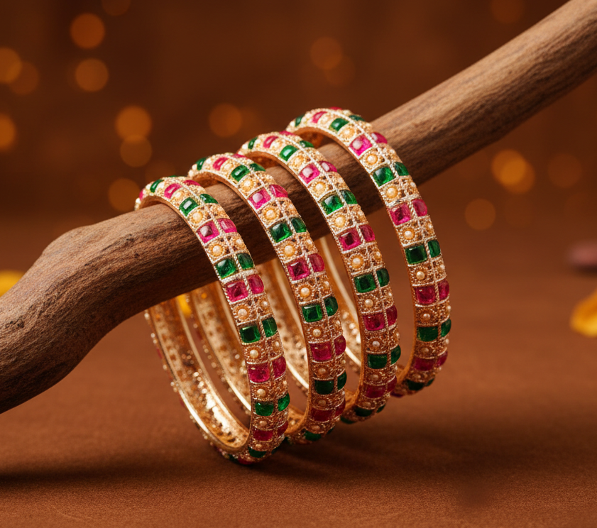 Jazz And Sizzle Set Of 4 Gold Plated Artificial Stone Studded Bangles