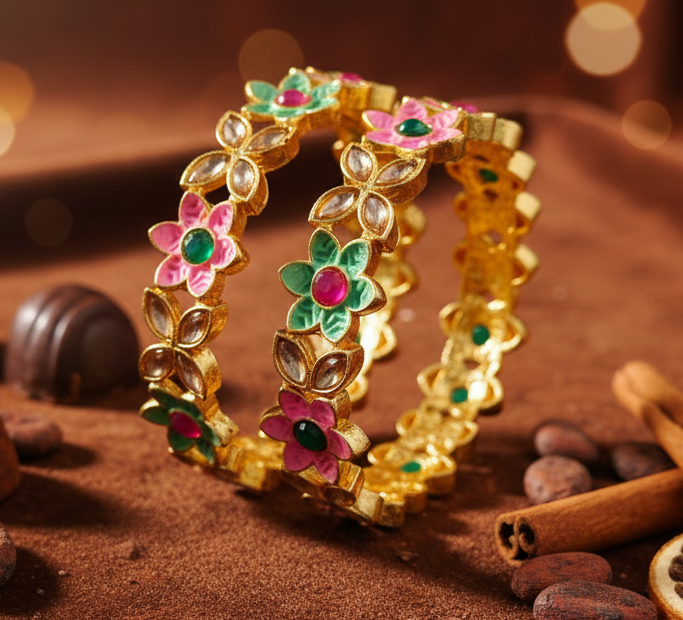 Jazz And Sizzle Set Of 2 Gold Plated Artificial Stone Studded & Pearl Beaded Bangles