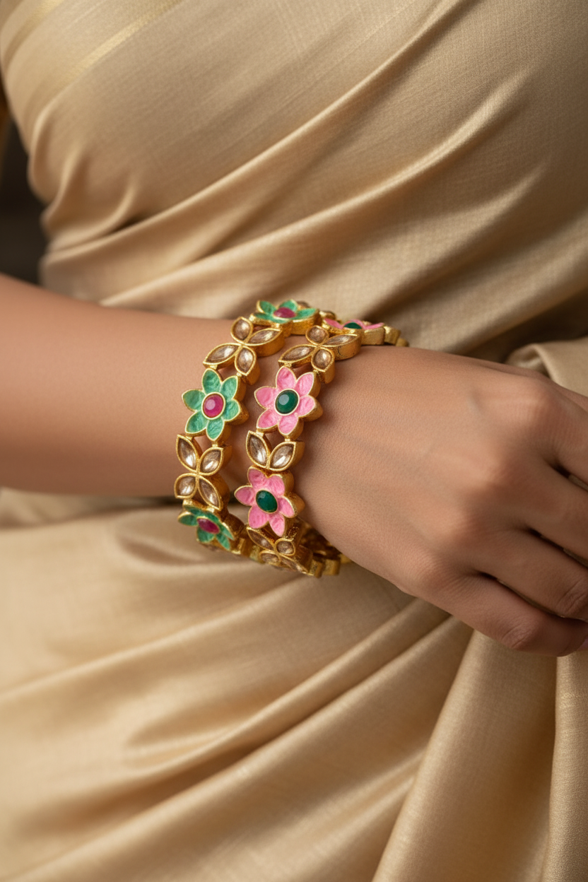 Jazz And Sizzle Set Of 2 Gold Plated Artificial Stone Studded & Pearl Beaded Bangles