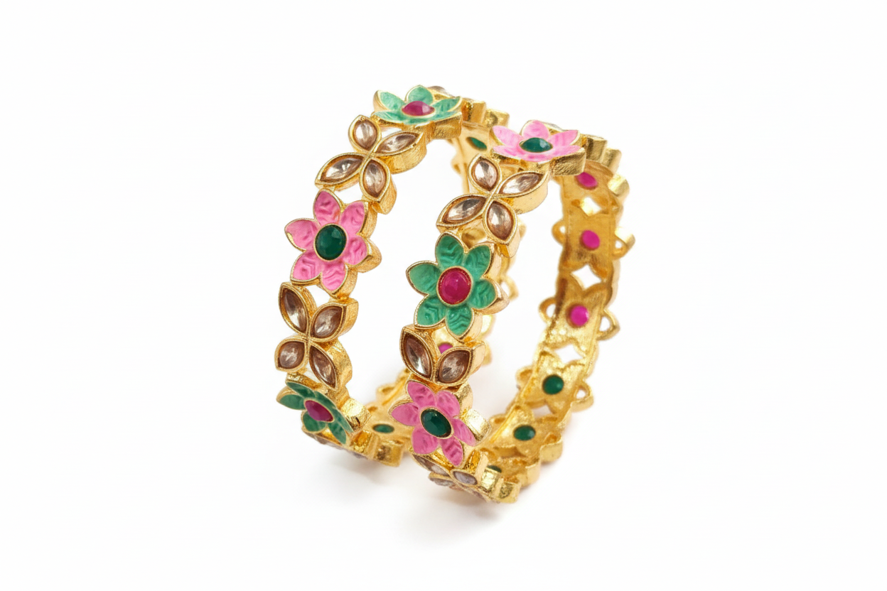 Jazz And Sizzle Set Of 2 Gold Plated Artificial Stone Studded & Pearl Beaded Bangles