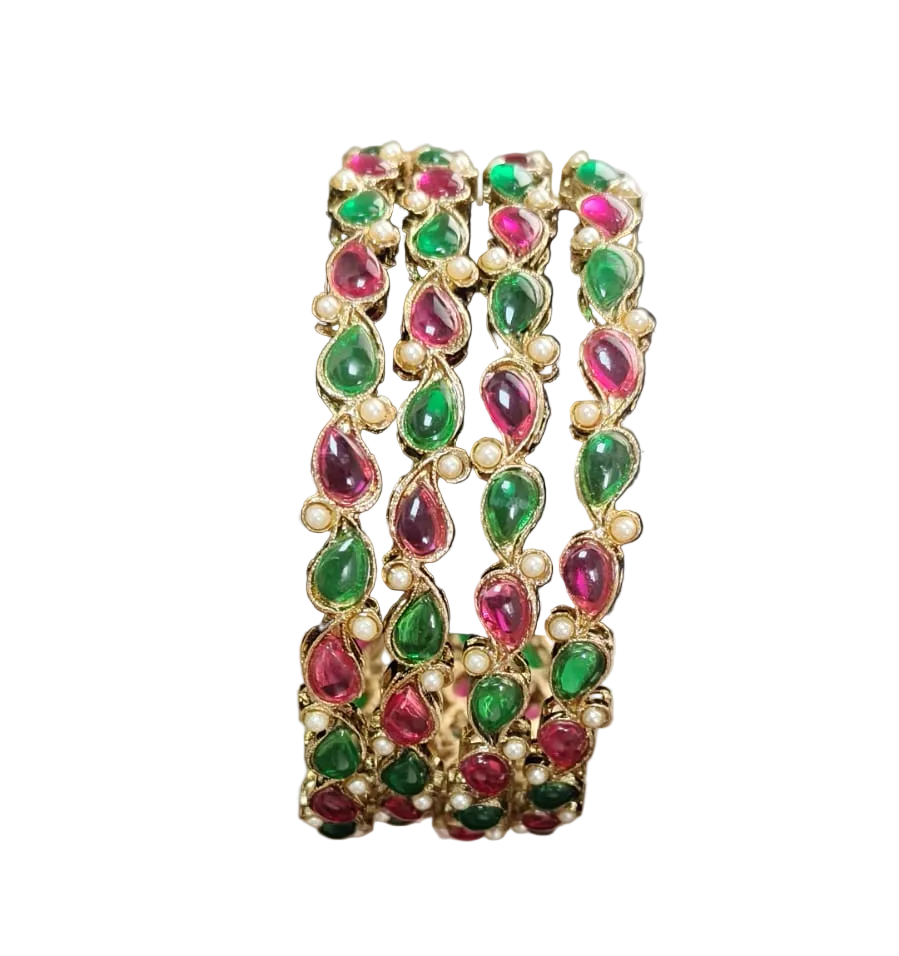 Jazz And Sizzle 4 Gold Plated Artificial Stone Studded & Pearl Beaded Bangles