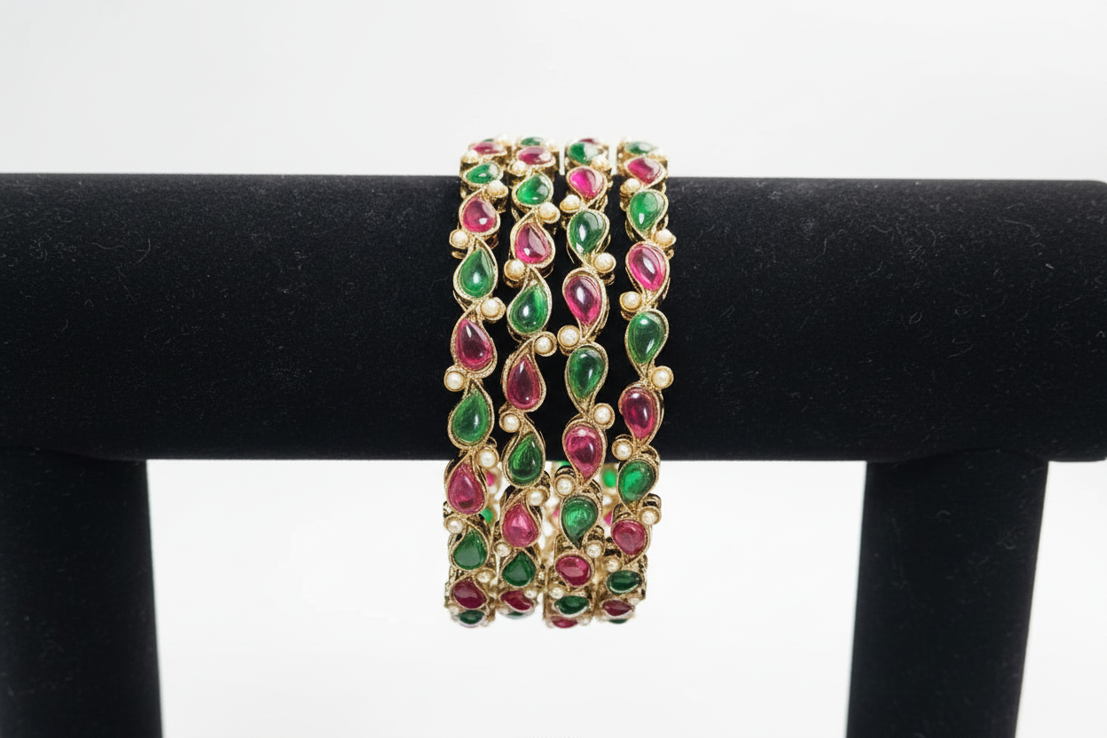 Jazz And Sizzle 4 Gold Plated Artificial Stone Studded & Pearl Beaded Bangles