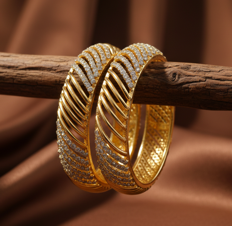 Jazz And Sizzle Set Of 2 Gold Plated Cubic Zirconia Studded Cris-Cross Intricate Pattern Bangles