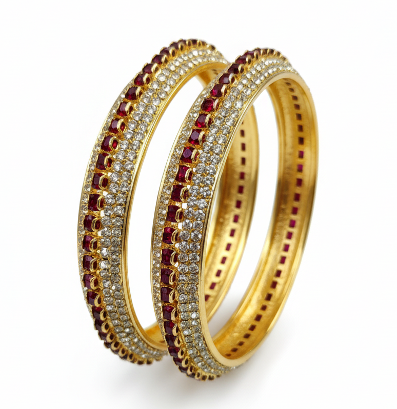 Jazz And Sizzle Set Of 2 Gold Plated Cubic Zirconia Studded & Ruby Red Stone Beaded Bangles