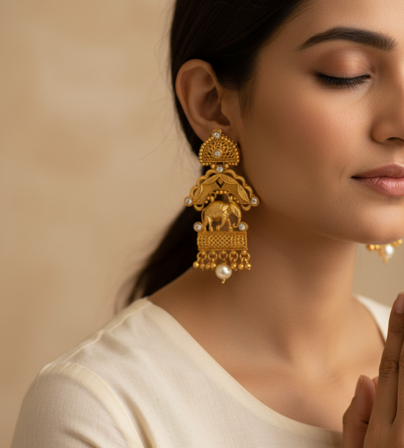 Jazz and sizzle Gold Plated Elephant Motif Pearl Drop Earrings