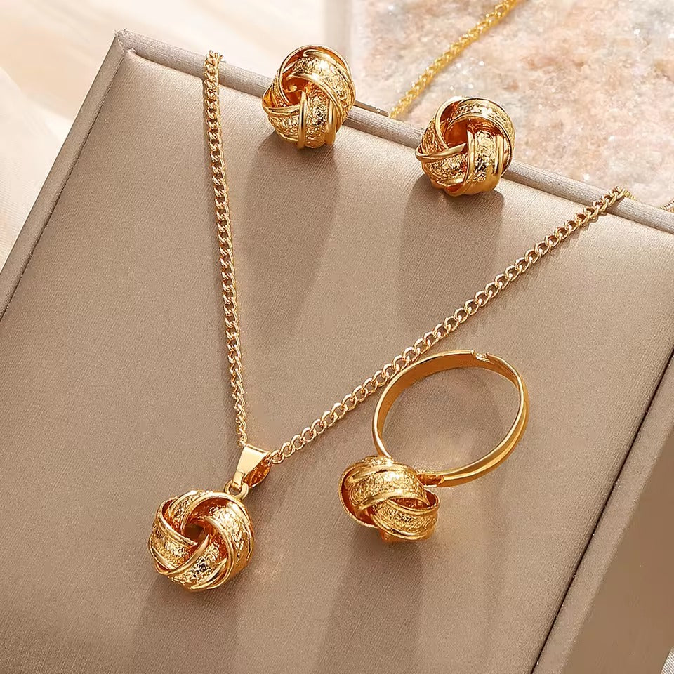 Gold Plated Knot Design Pendant Necklace Set with Stud Earrings & Ring for Women