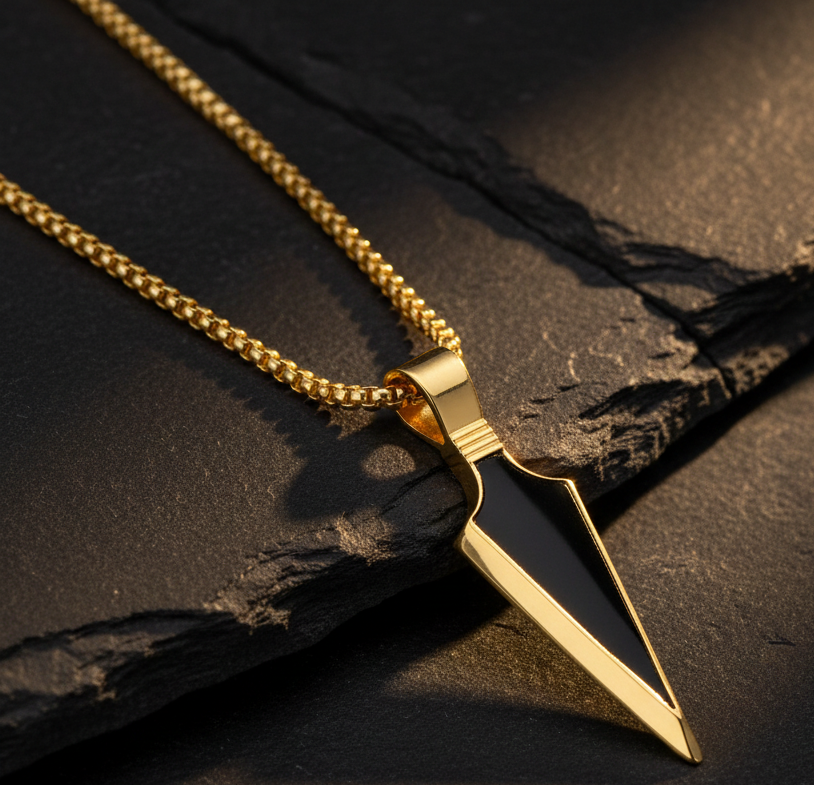 Jazz And Sizzle Arrow Head With Black Stone Pendant & Box Chain Gold-plated Stainless Steel Pendant Set