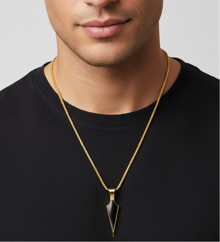 Jazz And Sizzle Arrow Head With Black Stone Pendant & Box Chain Gold-plated Stainless Steel Pendant Set