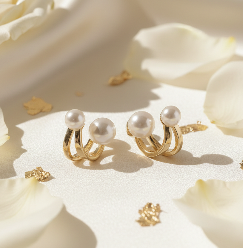 Jazz And Sizzle Gold Plated Double Pearl Stud Earrings