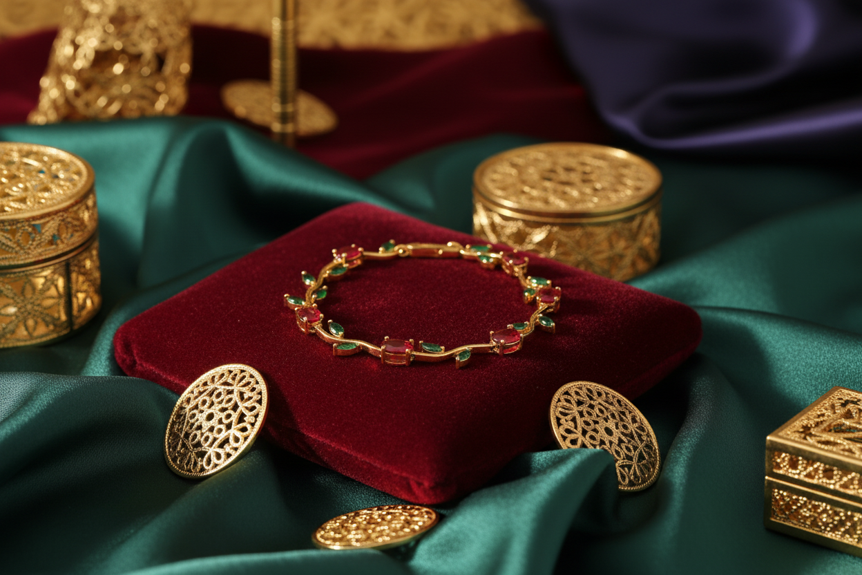 Jazz And Sizzle Tulip Bracelet with Oval Red and Marquise Green Stones, Floral Vine Style |Anti Tarnish
