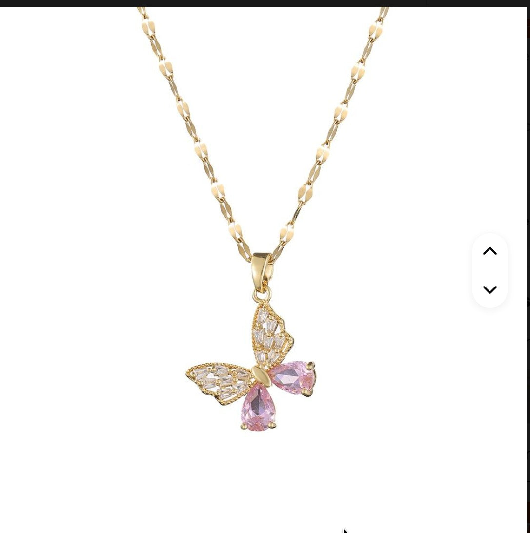 Jazz And Sizzle Gold Plated Pink Butterfly Crystal Pendant Necklace