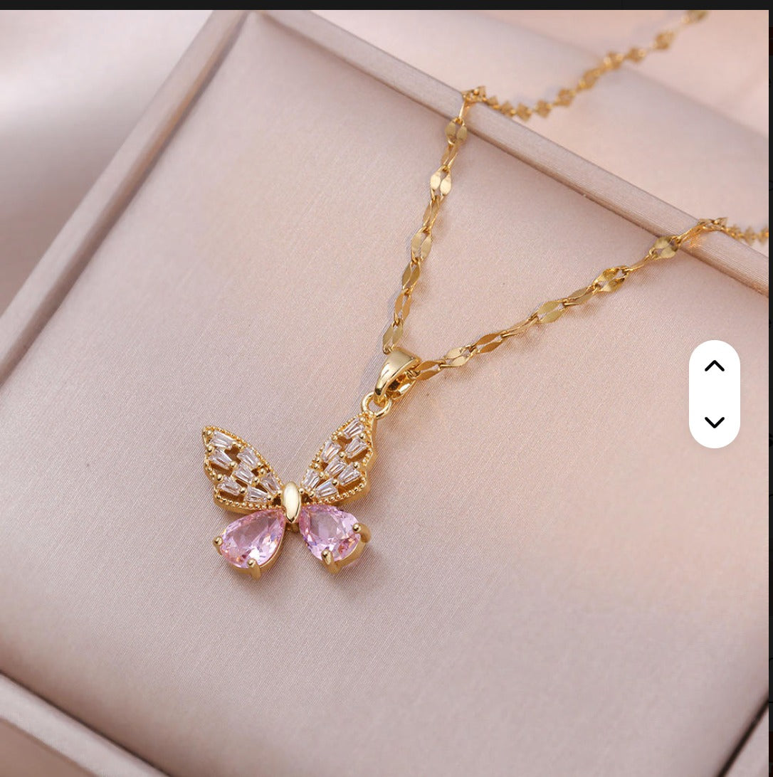 Jazz And Sizzle Gold Plated Pink Butterfly Crystal Pendant Necklace