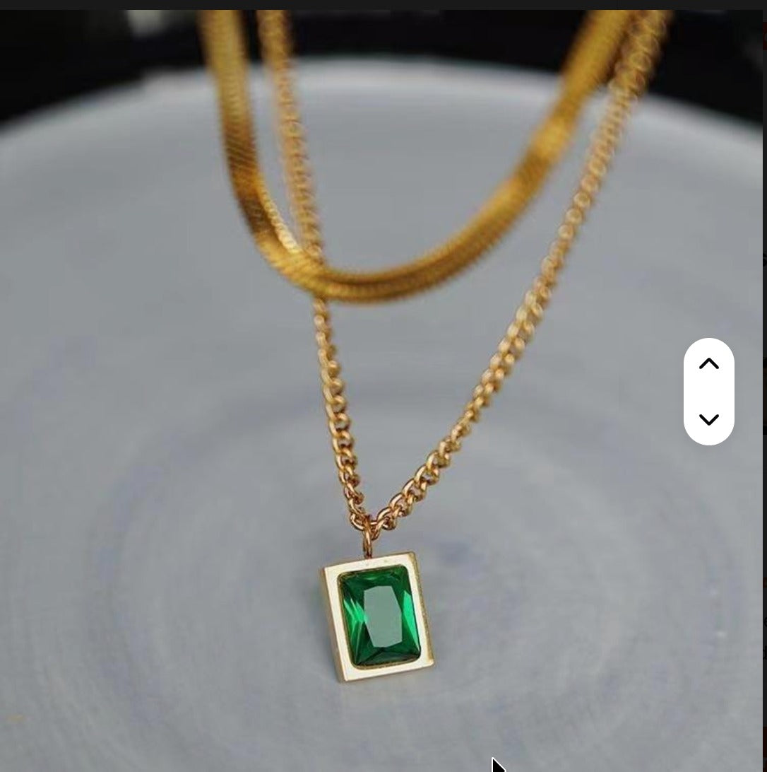 Jazz And Sizzle Gold Plated Layered Chain Necklace With Green Stone Pendant