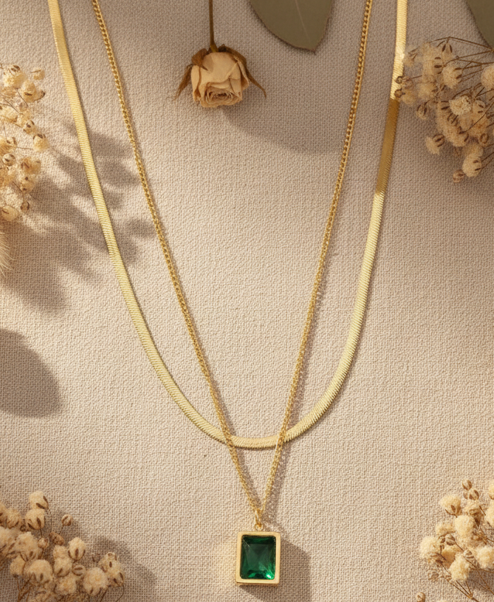 Jazz And Sizzle Gold Plated Layered Chain Necklace With Green Stone Pendant