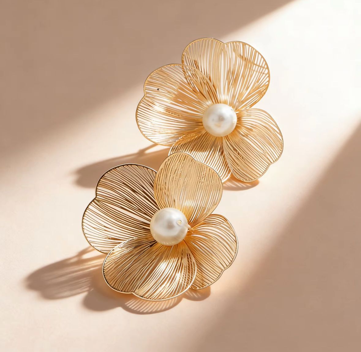 Elegant Floral Pearl Earrings for Women – Gold Finish Stainless Steel Anti-Tarnish Statement Earrings