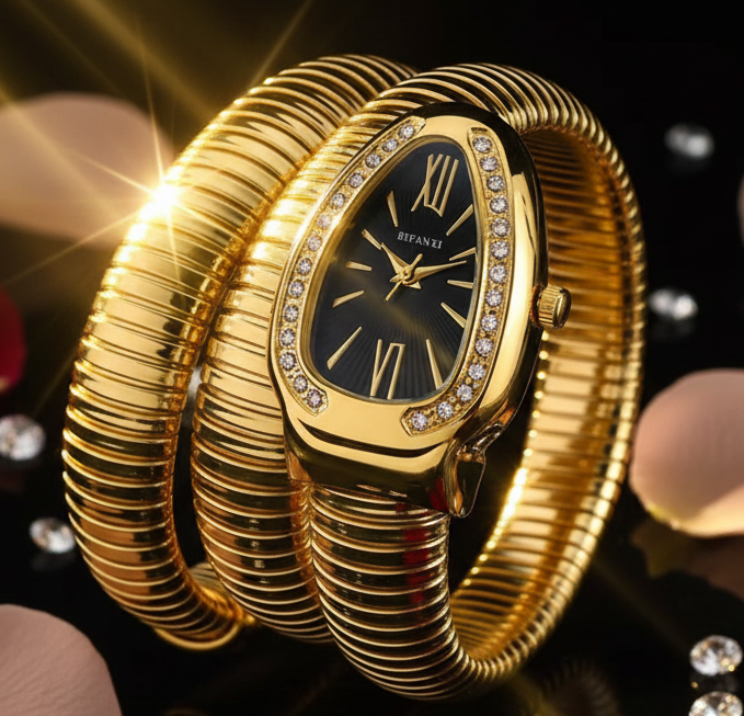 Gold Serpenti Coil Watch Bracelet for Women | Adjustable Wrap Around Bracelet Watch
