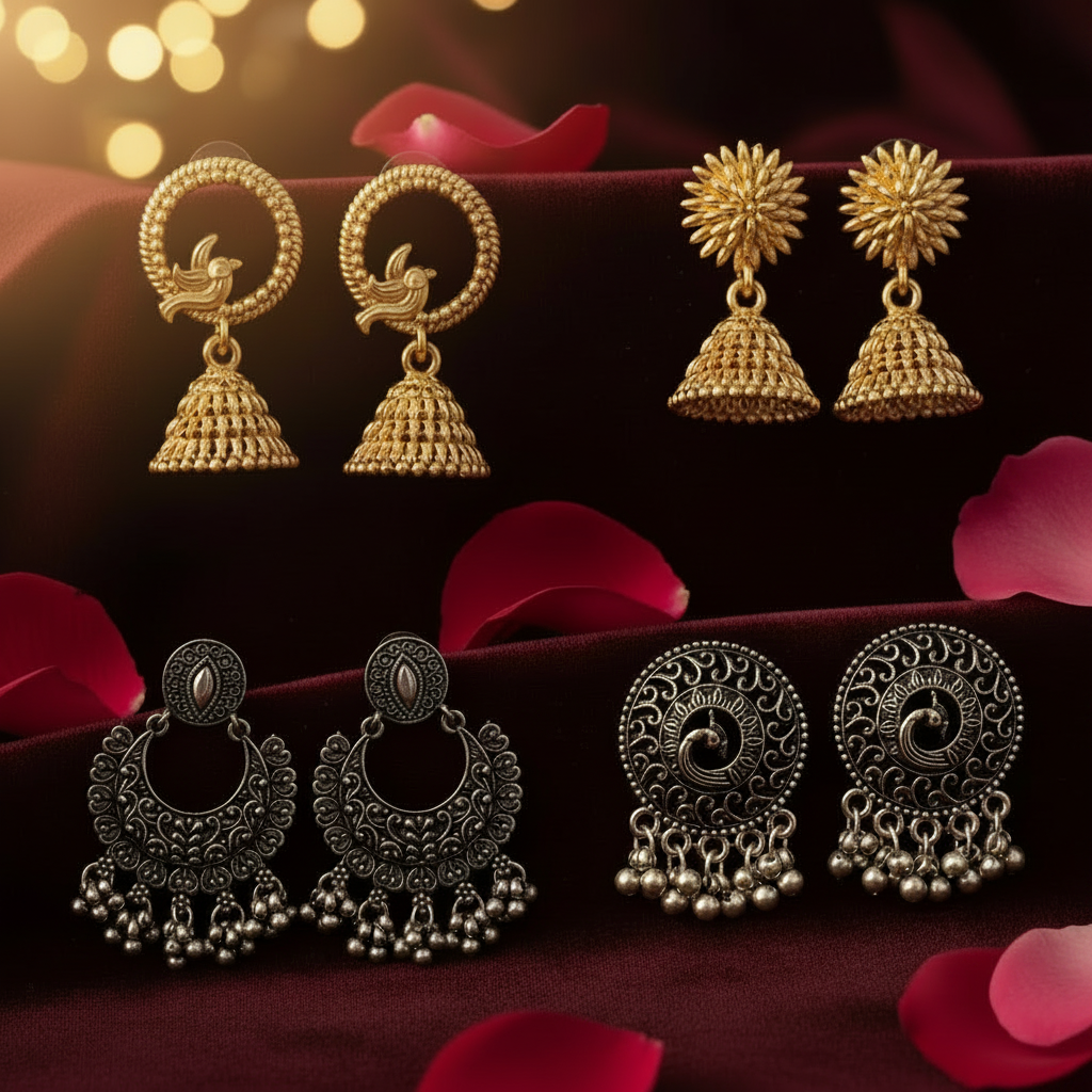Jazz And Sizzle Set of 4 Gold & Silver Plated Stud & Jhumka Earrings