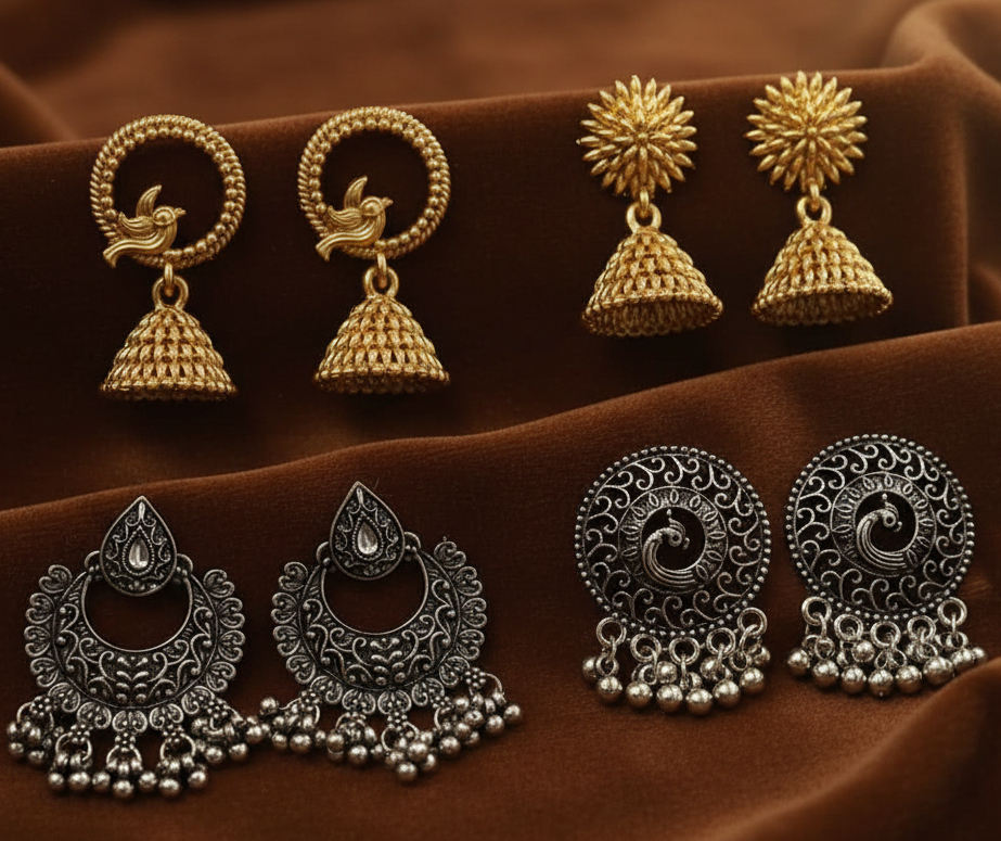 Jazz And Sizzle Set of 4 Gold & Silver Plated Stud & Jhumka Earrings