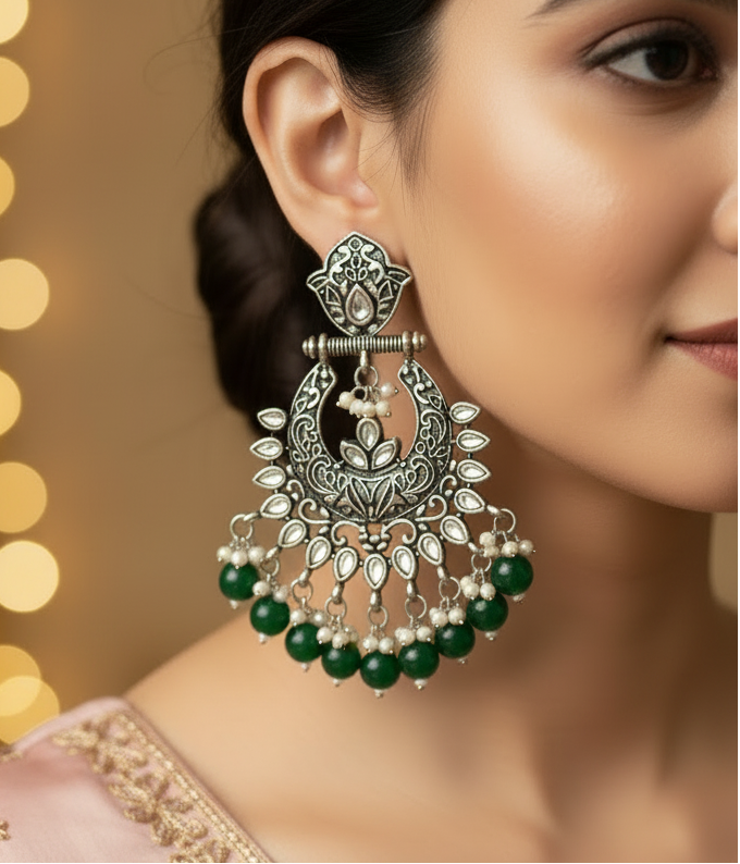 Jazz and Sizzle Pair Of Silver And Green Beaded Oxidized Chandbali Earrings