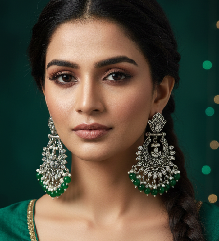 Jazz and Sizzle Pair Of Silver And Green Beaded Oxidized Chandbali Earrings